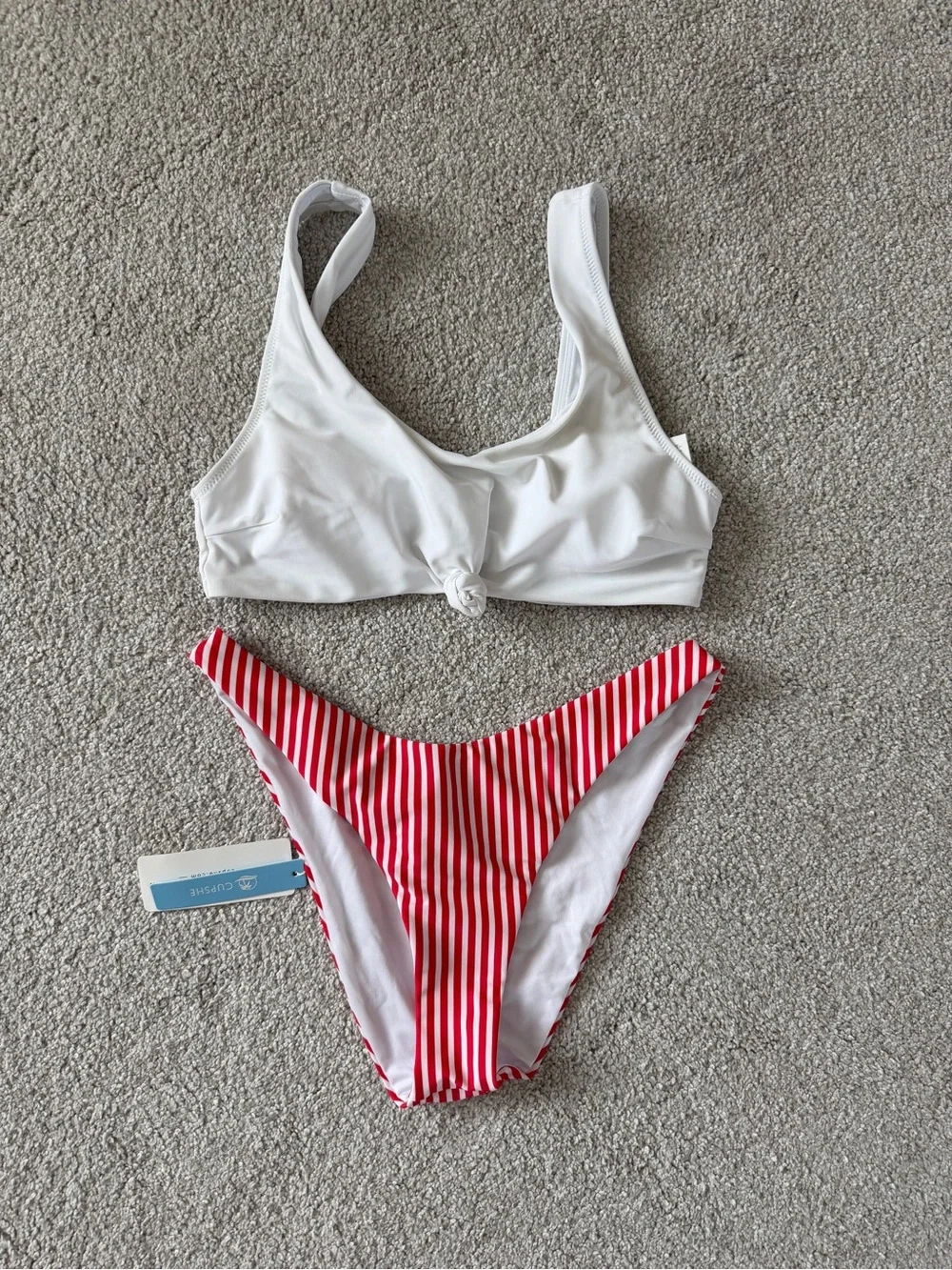 Cupshe White Bikini Top with Red Striped Bottom